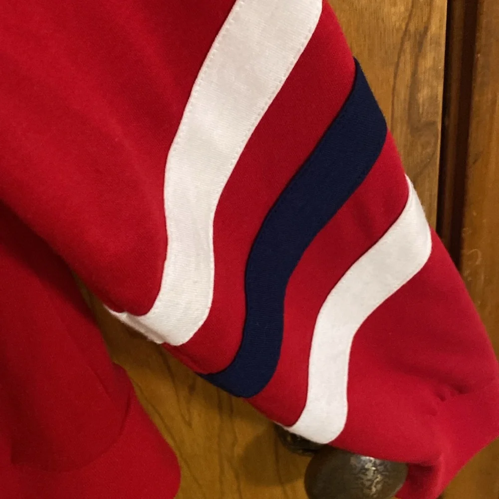 Younique Large Red with blue and white stripes Jacket Poly Rayon Spandex